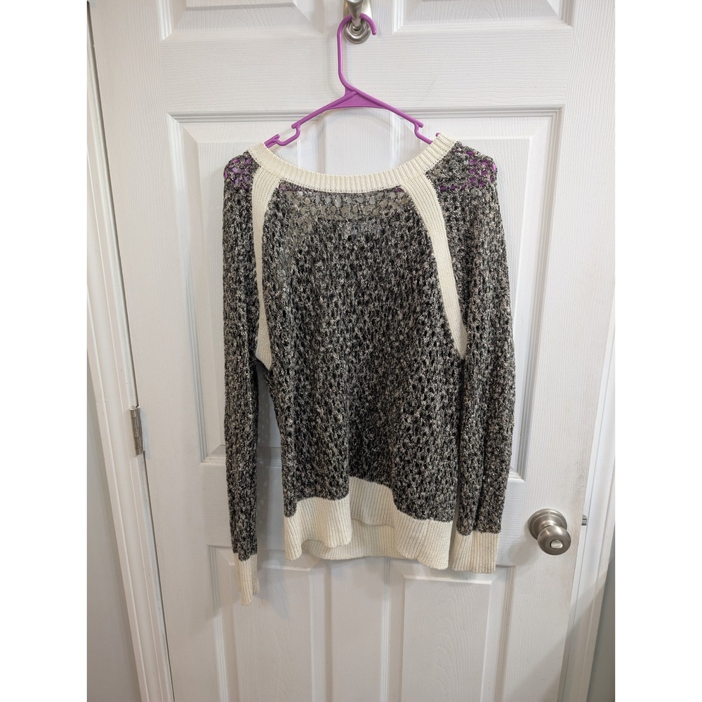 John + Jenn Crochet Pullover Women Black Cream Open Knit Sweater - Size M